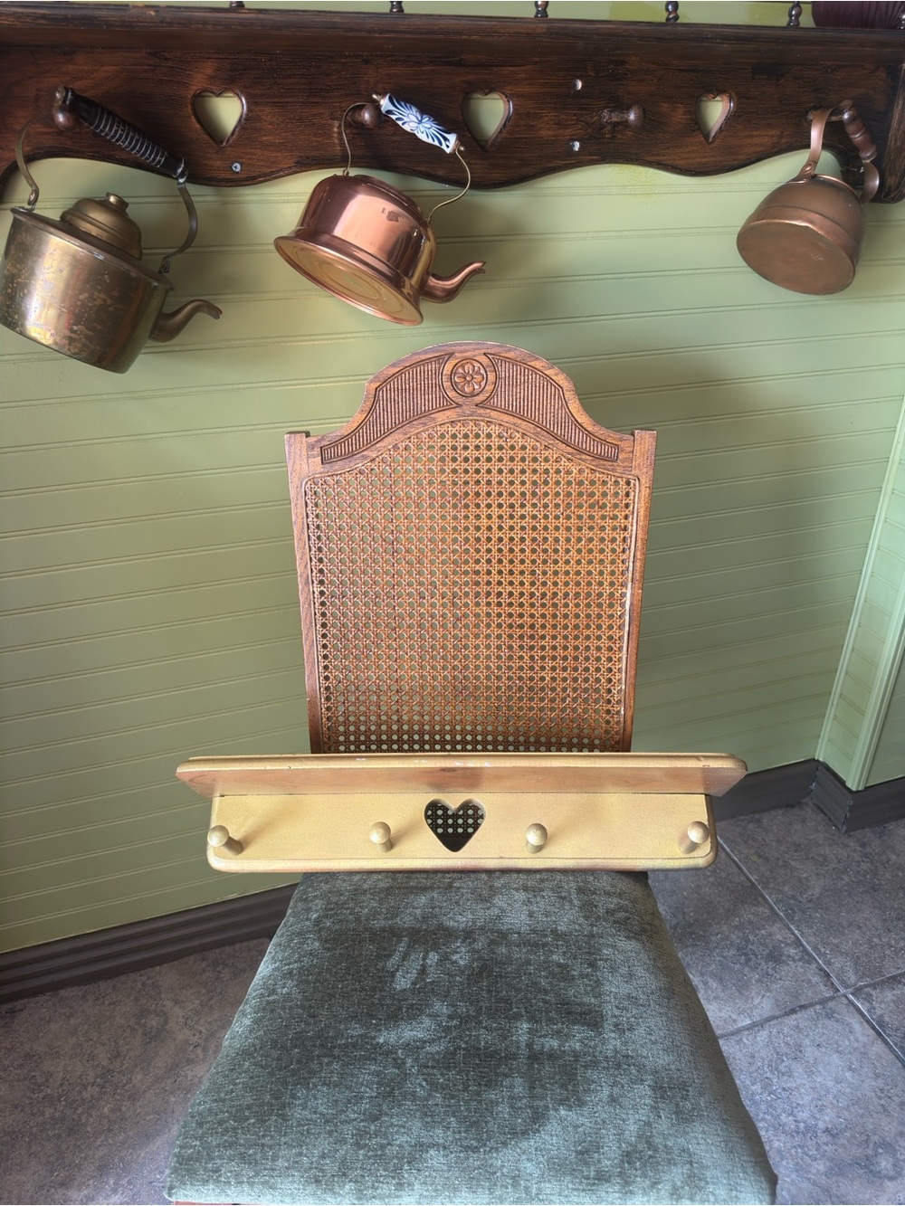 Vintage Woven Backwood Chair with Green Velvet Seat